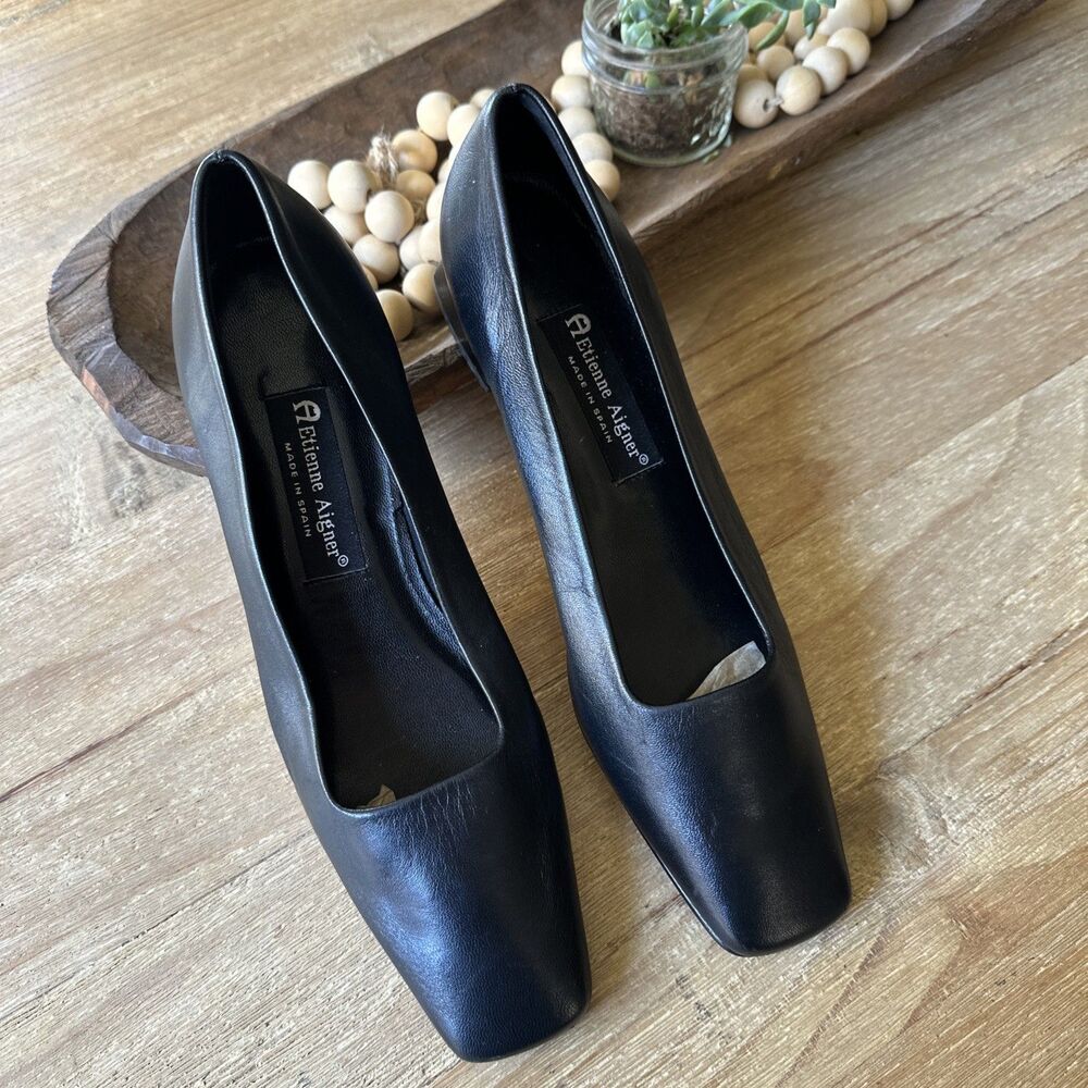 Vintage Eitienne Aigner ‘Twiggy’ Black Leather Block Heel Size 8.5N EUC